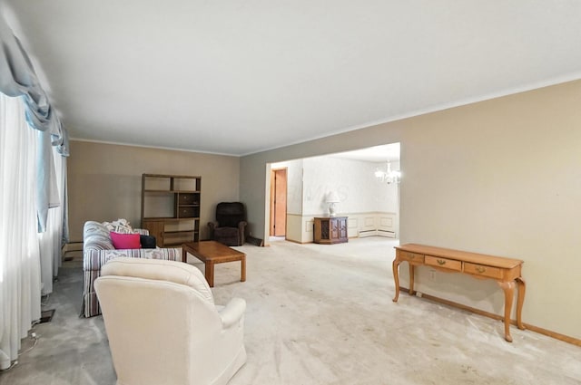 5050 Bixby Rd, Groveport, OH 43125 - living room with crown molding, a chandelier, carpet floors, and a baseboard heating unit