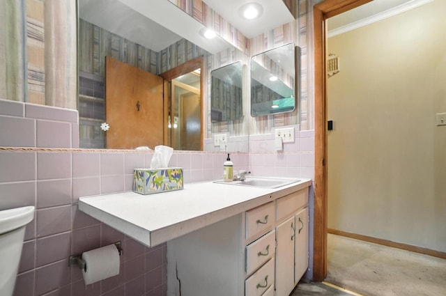 5050 Bixby Rd, Groveport, OH 43125 - bathroom featuring vanity, tile walls, crown molding, and concrete flooring
