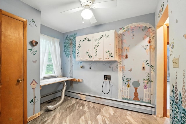 5050 Bixby Rd, Groveport, OH 43125 - washroom featuring hookup for an electric dryer, baseboard heating, ceiling fan, hookup for a washing machine, and light marble finish floors