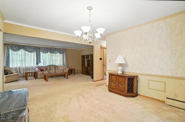 5050 Bixby Rd, Groveport, OH 43125 - living area featuring ornamental molding, a baseboard radiator, a chandelier, and light colored carpet