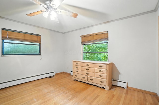 5050 Bixby Rd, Groveport, OH 43125 - bedroom featuring baseboard heating, light wood-type flooring, ornamental molding, and ceiling fan
