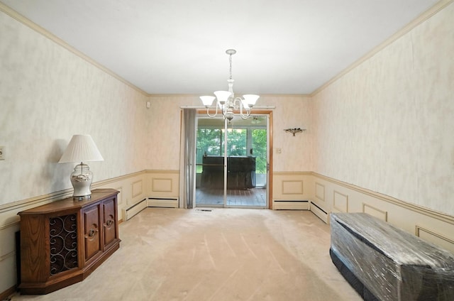 5050 Bixby Rd, Groveport, OH 43125 - dining space with carpet, a chandelier, crown molding, wainscoting, and a decorative wall