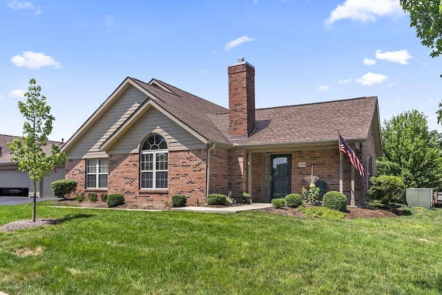 2919 Laurel Wind Blvd, Lewis Center, OH 43035 - view of front of home featuring brick siding, a chimney, a front lawn, and a shingled roof