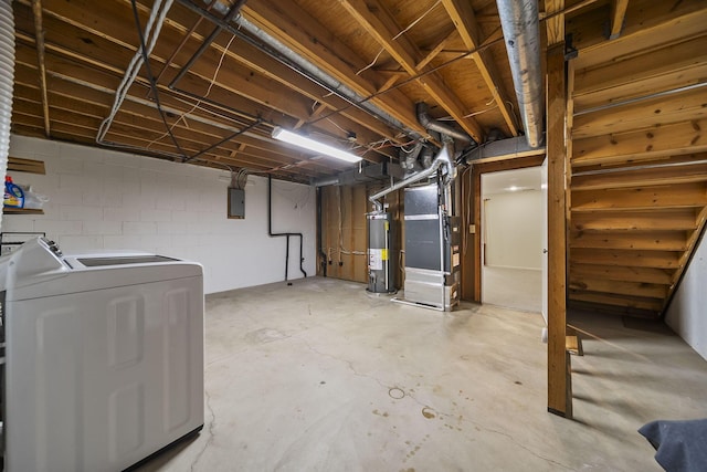 3254 Brookview Way Unit 15, Columbus, OH 43221 - unfinished below grade area featuring water heater, heating unit, electric panel, washing machine and clothes dryer, and concrete block wall