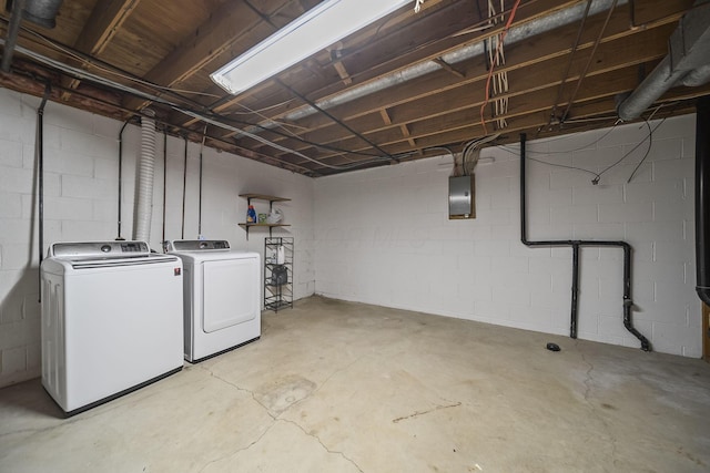 3254 Brookview Way Unit 15, Columbus, OH 43221 - unfinished below grade area with electric panel, washer and clothes dryer, and concrete block wall