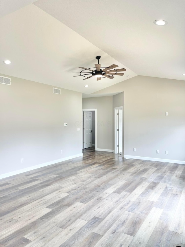 32366 Lilac Ln, Logan, OH 43138 - unfurnished room featuring a ceiling fan, light wood-style floors, recessed lighting, and lofted ceiling