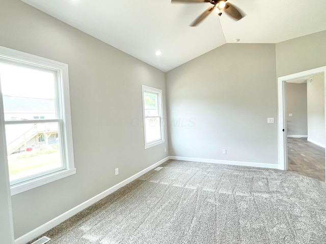 32366 Lilac Ln, Logan, OH 43138 - unfurnished room featuring ceiling fan, carpet, and vaulted ceiling