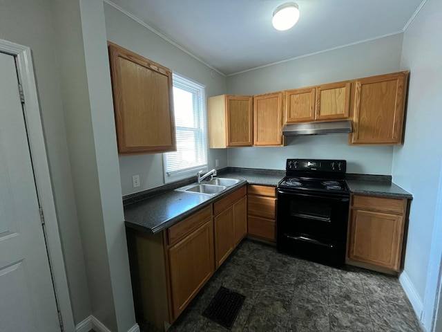2395 Summit St, Columbus, OH 43202 - kitchen featuring black electric range, dark countertops, ornamental molding, and under cabinet range hood