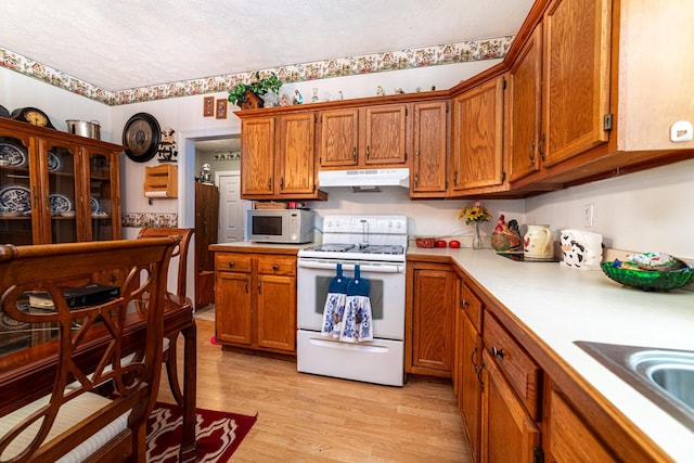 83 2nd St, Shelby, OH 44875 - kitchen with white appliances, under cabinet range hood, brown cabinetry, light wood finished floors, and light countertops