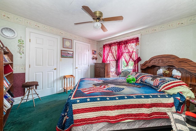 83 2nd St, Shelby, OH 44875 - carpeted bedroom with wallpapered walls and ceiling fan