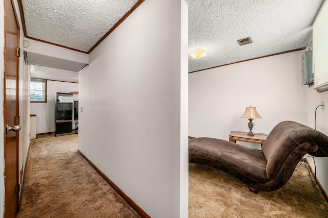 2197 Bayfield Dr, Columbus, OH 43229 - hall with carpet, a textured ceiling, and ornamental molding