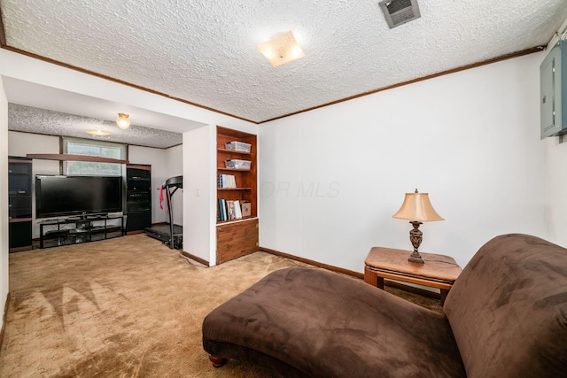 2197 Bayfield Dr, Columbus, OH 43229 - sitting room featuring ornamental molding, a textured ceiling, carpet, and electric panel