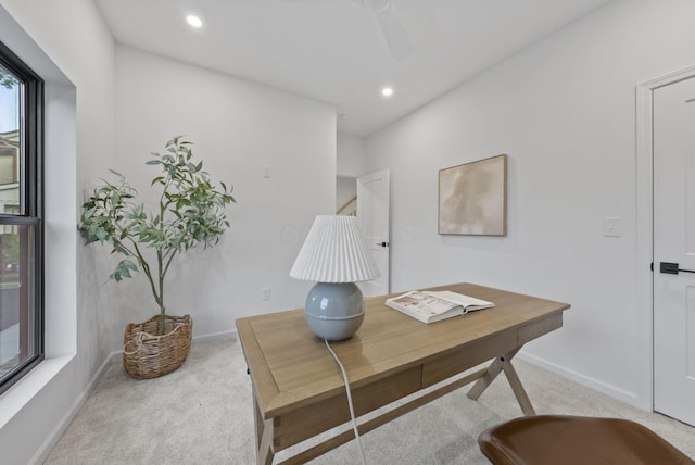 583 E Walnut St, Columbus, OH 43215 - carpeted home office with recessed lighting and ceiling fan