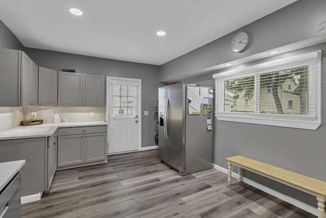 716 N Mount Pleasant Ave, Lancaster, OH 43130 - kitchen with stainless steel fridge, gray cabinetry, light countertops, healthy amount of natural light, and recessed lighting