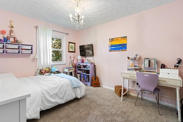 7107 Stone Ct, Columbus, OH 43235 - carpeted bedroom with a chandelier, a textured ceiling, and an office area