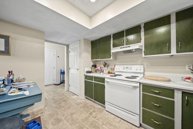 1290 Paddington Ct, Columbus, OH 43230 - kitchen with green cabinets, white range with electric cooktop, under cabinet range hood, and light countertops