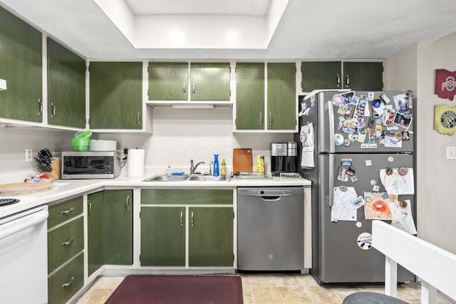 1290 Paddington Ct, Columbus, OH 43230 - kitchen featuring stainless steel appliances, green cabinetry, light countertops, and a raised ceiling