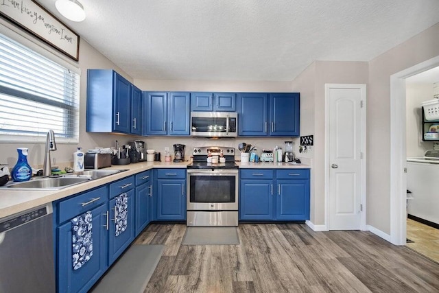 5582 Freedom Run, Orient, OH 43146 - kitchen with stainless steel appliances, blue cabinetry, light wood-style floors, and light countertops