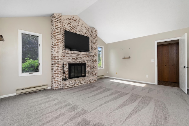 1242 Springbrook Dr, Mansfield, OH 44906 - unfurnished living room featuring vaulted ceiling, a baseboard heating unit, carpet, and a brick fireplace