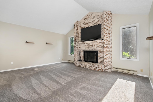 1242 Springbrook Dr, Mansfield, OH 44906 - unfurnished living room featuring lofted ceiling, a baseboard heating unit, carpet flooring, and a fireplace