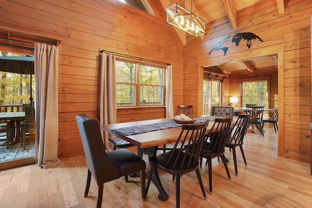 16651 Skinner Rd, Logan, OH 43138 - dining room with wooden walls, light wood-type flooring, and wood ceiling