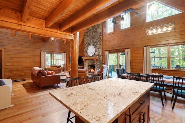 16651 Skinner Rd, Logan, OH 43138 - kitchen featuring wooden walls, light wood-style floors, a fireplace, open floor plan, and light stone counters