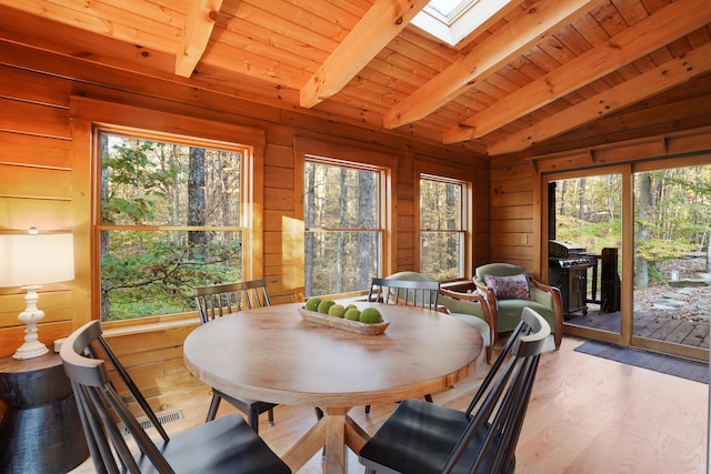 16651 Skinner Rd, Logan, OH 43138 - dining space featuring plenty of natural light, a skylight, wood finished floors, wood walls, and wooden ceiling