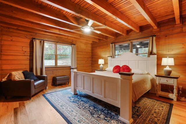 16651 Skinner Rd, Logan, OH 43138 - bedroom featuring a wooden ceiling with exposed beams, light wood-style floors, wood walls, and ceiling fan