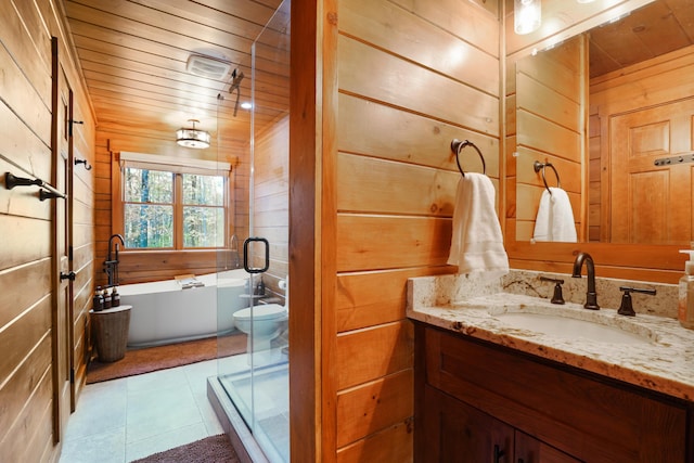 16651 Skinner Rd, Logan, OH 43138 - full bath featuring vanity, wooden walls, a bathtub, a stall shower, and tile patterned floors
