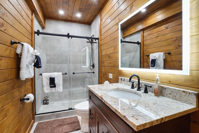 16651 Skinner Rd, Logan, OH 43138 - full bathroom with wooden walls, vanity, a stall shower, wood ceiling, and recessed lighting