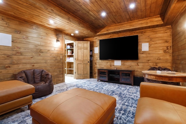 16651 Skinner Rd, Logan, OH 43138 - carpeted living area with wooden walls, wood ceiling, and recessed lighting
