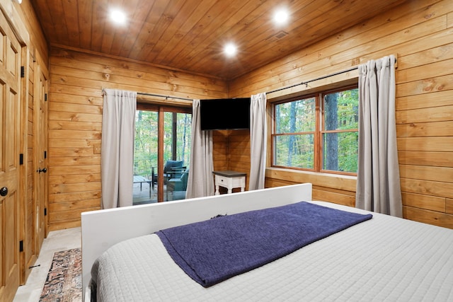 16651 Skinner Rd, Logan, OH 43138 - bedroom with recessed lighting, wood walls, wood ceiling, and access to outside