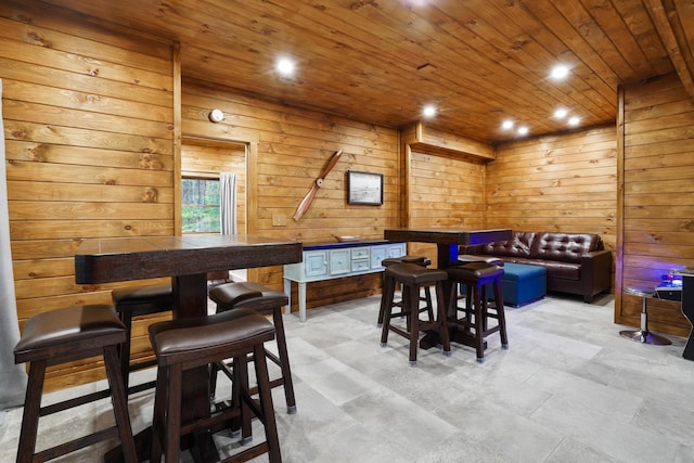16651 Skinner Rd, Logan, OH 43138 - dining space featuring wooden ceiling, wooden walls, and recessed lighting