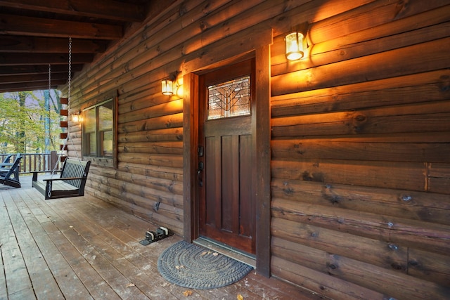 16651 Skinner Rd, Logan, OH 43138 - doorway to property featuring covered porch and log exterior