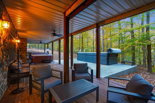 16651 Skinner Rd, Logan, OH 43138 - deck with a hot tub, ceiling fan, an outdoor living space, and a patio