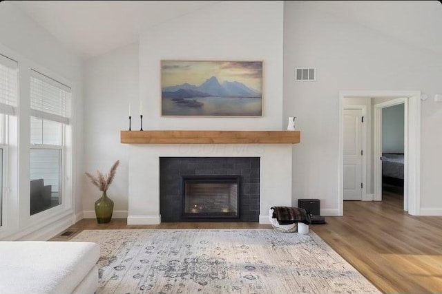 4881 Hoover Rd, Grove City, OH 43123 - living area featuring wood finished floors, a fireplace, and high vaulted ceiling