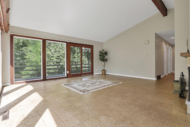 1725 Graham Dr NE, Lancaster, OH 43130 - unfurnished living room with high vaulted ceiling, beam ceiling, and tile patterned floors