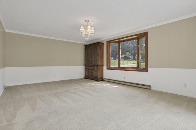 1725 Graham Dr NE, Lancaster, OH 43130 - unfurnished room with a baseboard heating unit, a chandelier, light colored carpet, and ornamental molding
