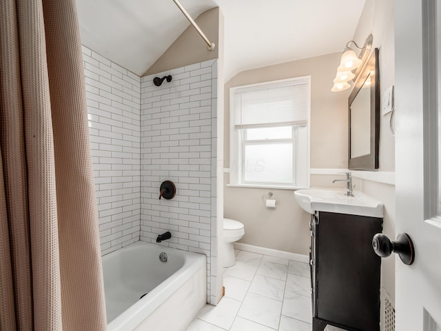 366 S Richardson Ave, Columbus, OH 43204 - full bathroom featuring vanity, shower / bath combo with shower curtain, marble finish flooring, and lofted ceiling
