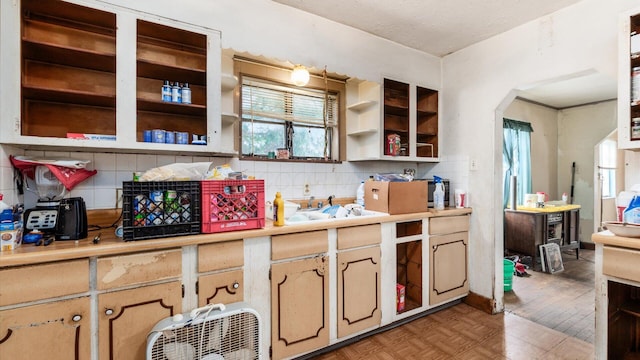 1822 W Mound St, Columbus, OH 43223 - kitchen with light countertops, open shelves, and parquet floors