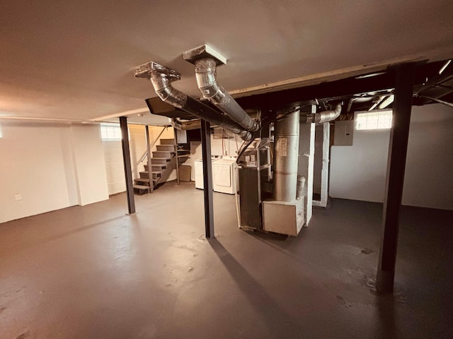 3067 E 13th Ave, Columbus, OH 43219 - below grade area featuring washer and dryer, stairway, heating unit, and healthy amount of natural light