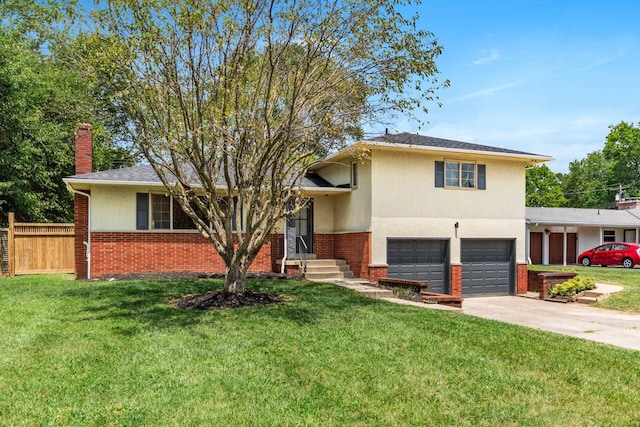 2664 Sonata Dr, Columbus, OH 43209 - view of front facade with stucco siding, a garage, concrete driveway, and a chimney