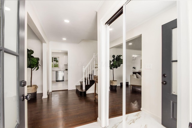 2664 Sonata Dr, Columbus, OH 43209 - foyer entrance featuring stairway, recessed lighting, and wood finished floors
