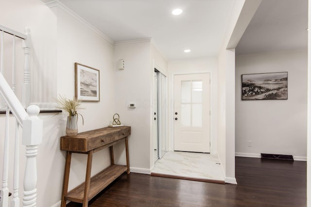 2664 Sonata Dr, Columbus, OH 43209 - entryway featuring wood finished floors, ornamental molding, stairs, and recessed lighting