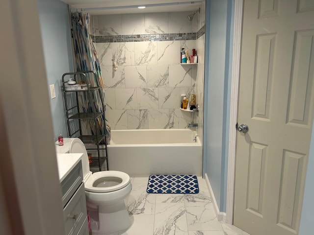 5479 Worthington Forest Pl, Columbus, OH 43229 - full bath featuring marble look tile flooring, vanity, and bathtub / shower combination