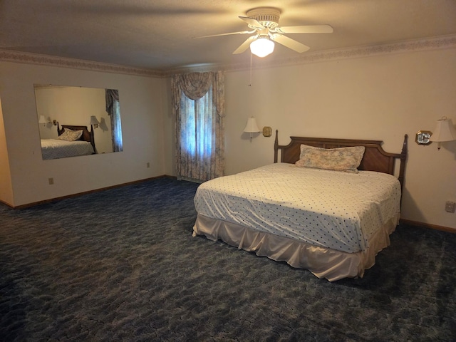 7376 Mink St SW, Pataskala, OH 43062 - bedroom featuring dark colored carpet, crown molding, and a ceiling fan