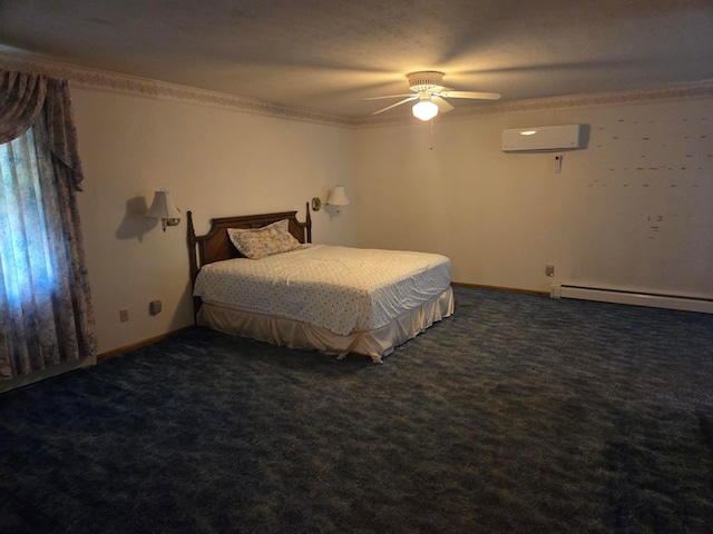 7376 Mink St SW, Pataskala, OH 43062 - bedroom with a baseboard heating unit, ornamental molding, dark colored carpet, a wall unit AC, and ceiling fan
