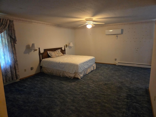 7376 Mink St SW, Pataskala, OH 43062 - bedroom with baseboard heating, a wall mounted AC, ornamental molding, dark carpet, and a ceiling fan