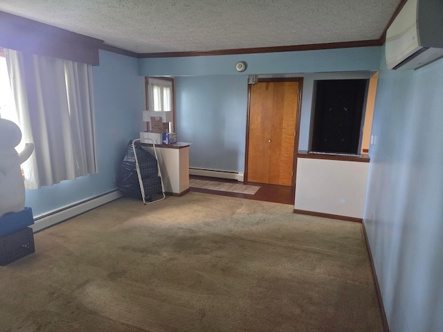 7376 Mink St SW, Pataskala, OH 43062 - unfurnished living room with an AC wall unit, a baseboard radiator, a textured ceiling, carpet flooring, and crown molding