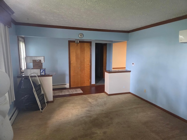 7376 Mink St SW, Pataskala, OH 43062 - unfurnished living room featuring baseboard heating, ornamental molding, a textured ceiling, and carpet floors